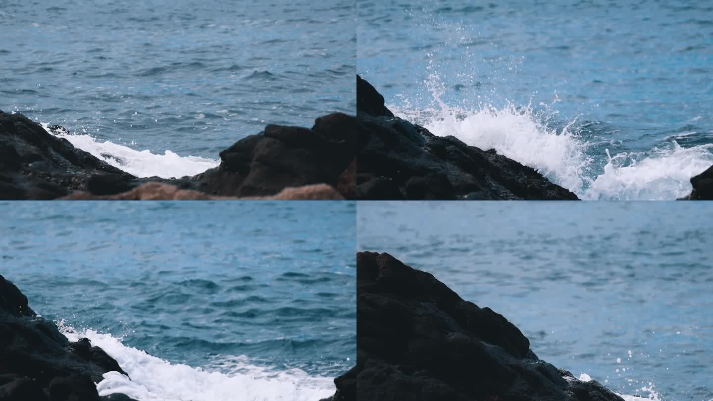 海浪冲击礁石慢镜头