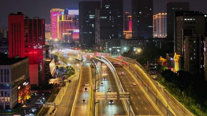 航拍五彩世界扬州西区快速路华城科技夜景