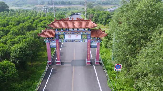 农村牌坊航拍 硬化公路 乡间道路