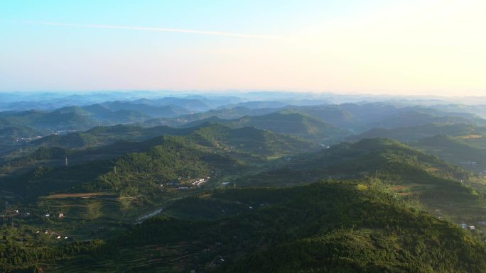 航拍四川山脉丘陵农村