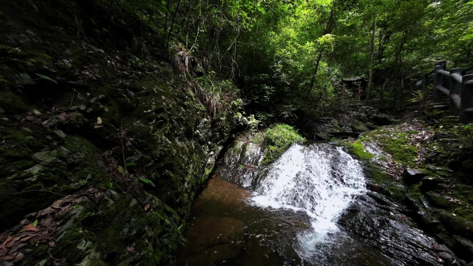 阳光下桂林大山森林中的瀑布流水和栈道