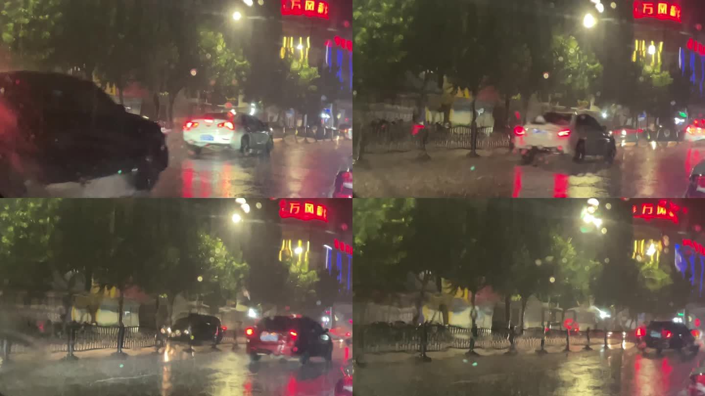 台风城市夜晚道路大雨暴雨雷雨行驶积水实拍