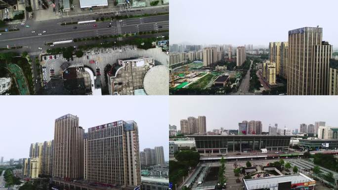 航拍镇江城市商圈高楼火车站