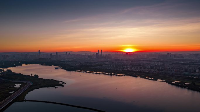 草海湿地日出航拍延时4k