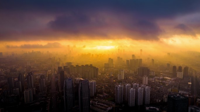 昆明早晨城市金色扫光延时航拍