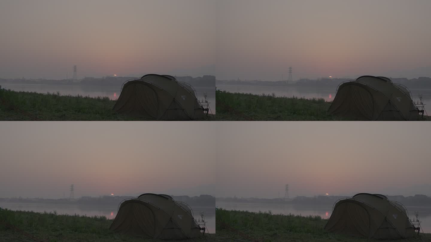 4k实拍露营日出 湖边帐篷