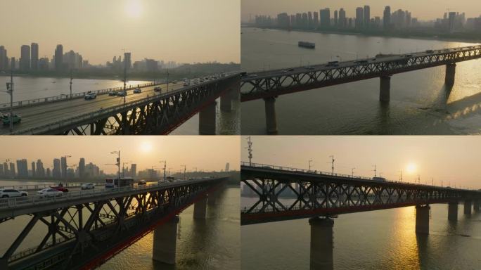 武汉长江大桥日落航拍