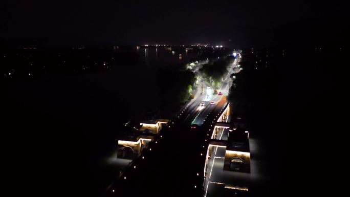 杭州湘湖傍晚日落和夜晚石桥航拍