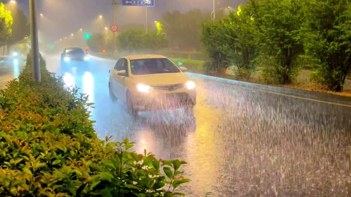 城市雨夜汽车在暴雨中行驶