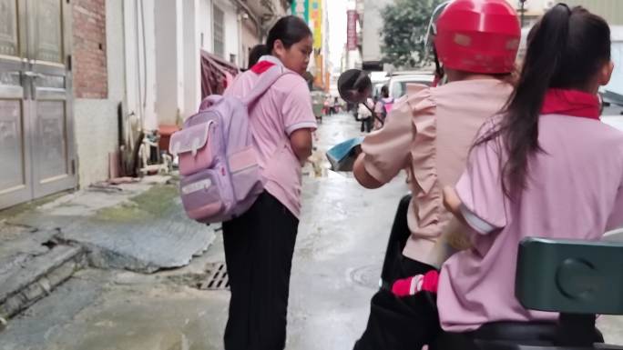 小孩背着书包走路上学孩子走路上学背影