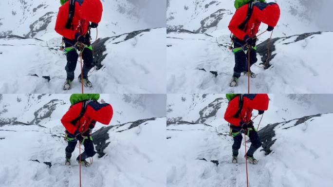 四川甘孜攀登乌库楚雪山的登山者用绳索下降