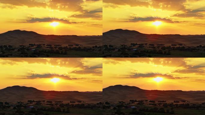 腾格里沙漠沙漠中的日落航拍长焦