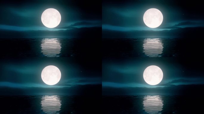 无缝循环唯美春江花月夜湖面海面明月月亮海