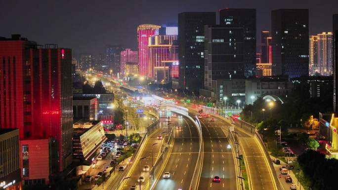 航拍五彩世界扬州西区快速路华城科技夜景