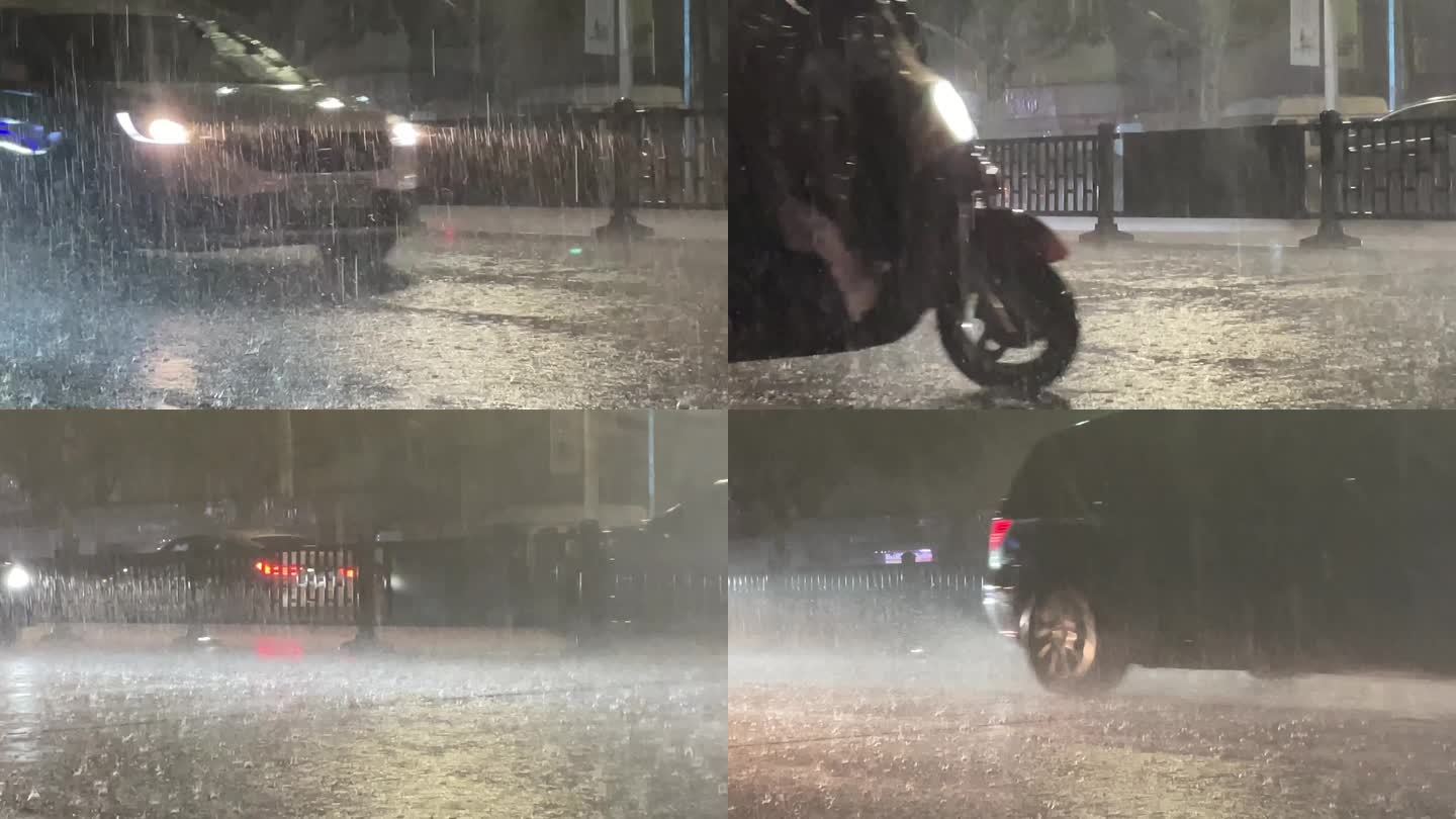 台风城市晚上道路积水大雨暴雨车辆行驶实拍