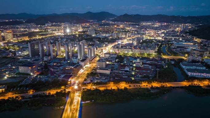 台州玉环市楚门镇日转夜景航拍延时高楼医院