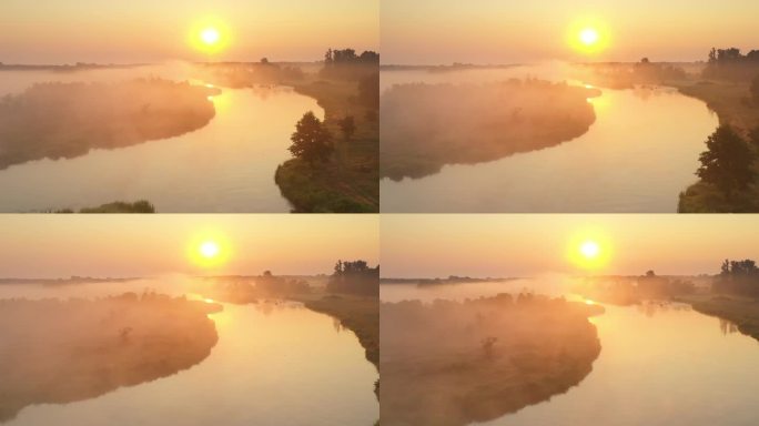 无人驾驶航空拍摄的覆盖着晨雾的天然河流