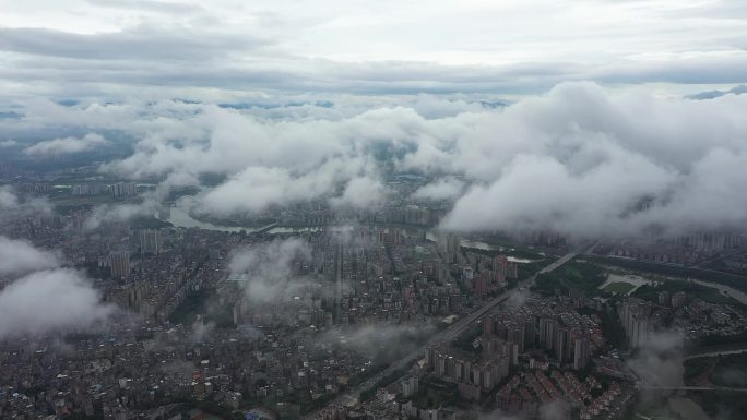 航拍雨后广州从化城区云雾风光