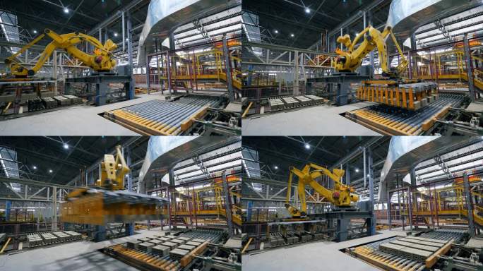 在一个现代化的工厂里，自动化的机器把砖放在传送机上.