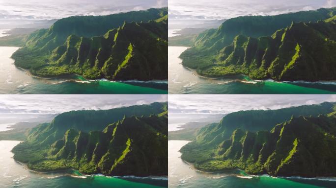 夏威夷热带岛屿考艾岛的空中纯净自然环境。世界著名海岸线的电影自然空中。户外冒险梦想旅行。史诗绿色丛林