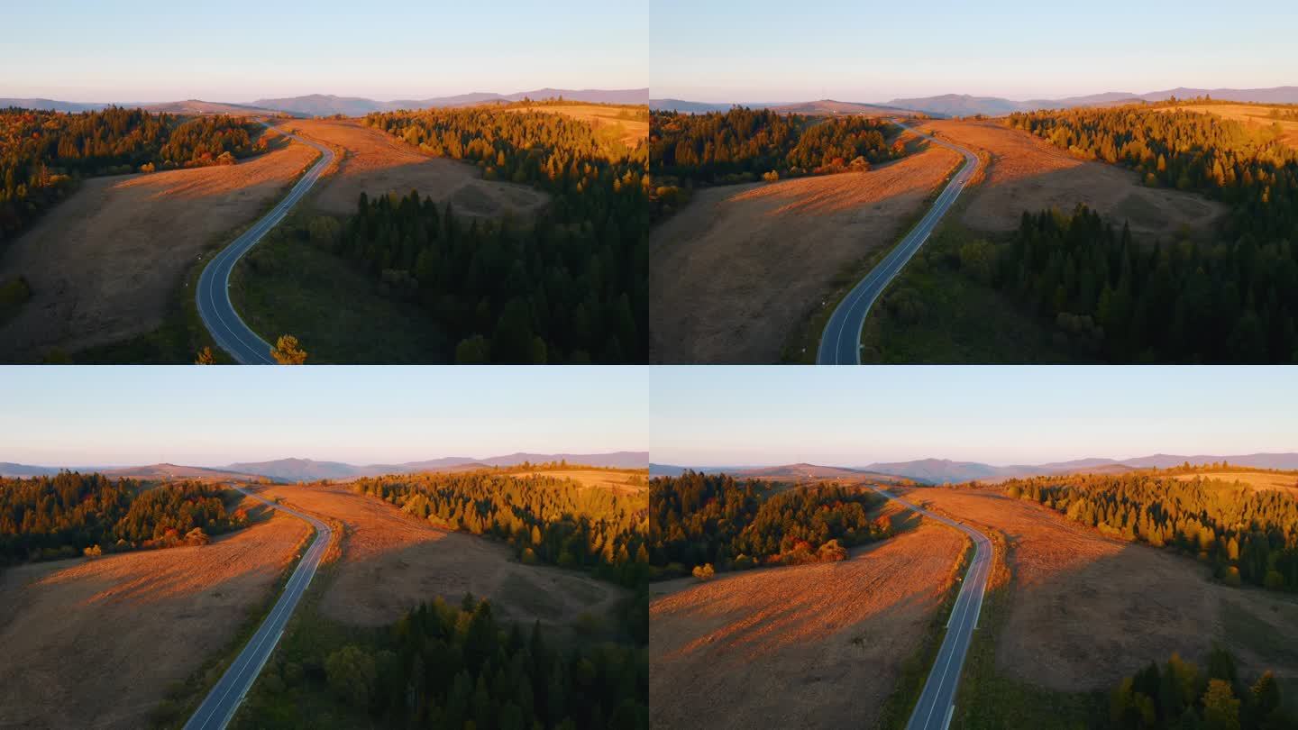 夜幕降临时，无人机飞过一条穿过针叶林的道路。以，无人驾驶视频拍摄.