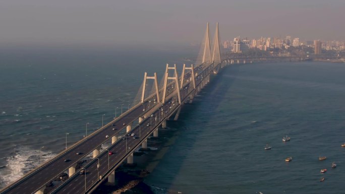 印度孟买，沃利海上连接桥，空中无人机镜头