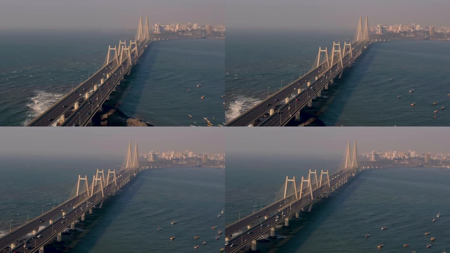 印度孟买，沃利海上连接桥，空中无人机镜头