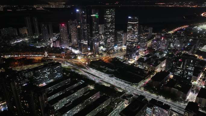 深圳福田区中洲湾建筑群夜景航拍