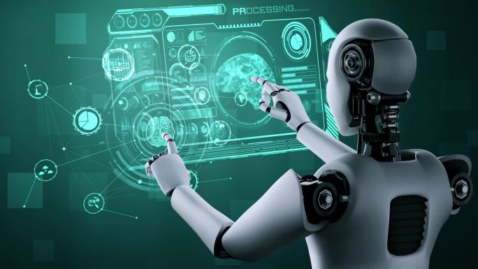 人工智能人形机器人通过机器学习过程触摸虚拟全息图屏幕，显示人工智能大脑和人工智能思维的概念。3D渲染