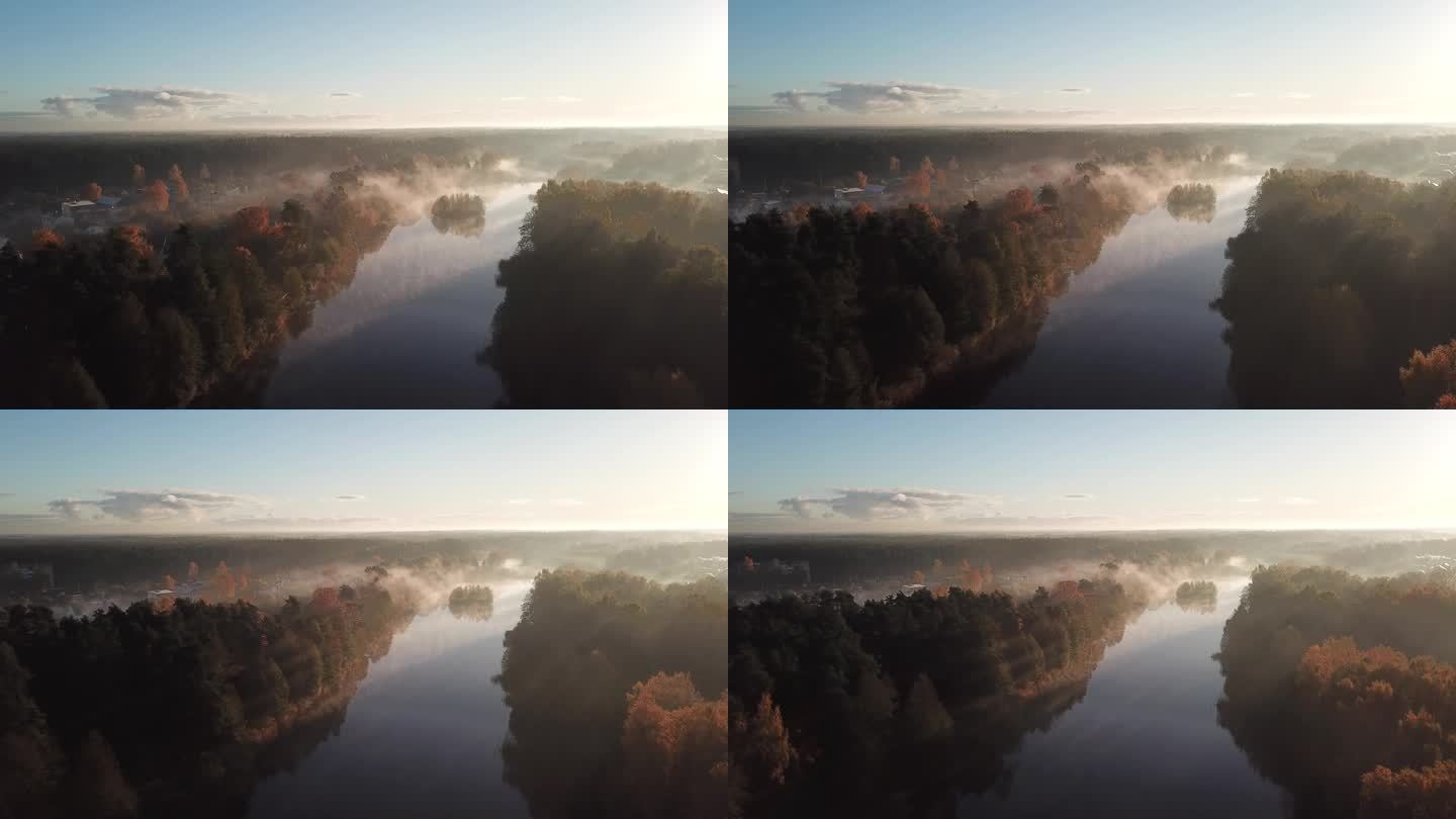 早晨烟雾在水Ulbroka湖空中无人机顶部查看Uhd视频拉脱维亚