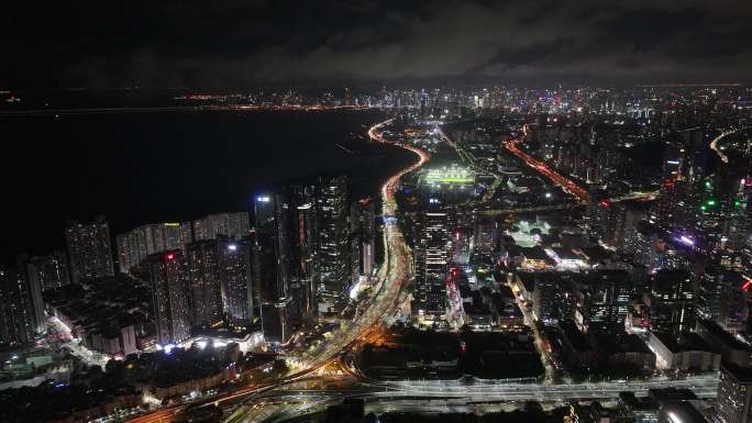 深圳福田区中洲湾建筑群夜景航拍