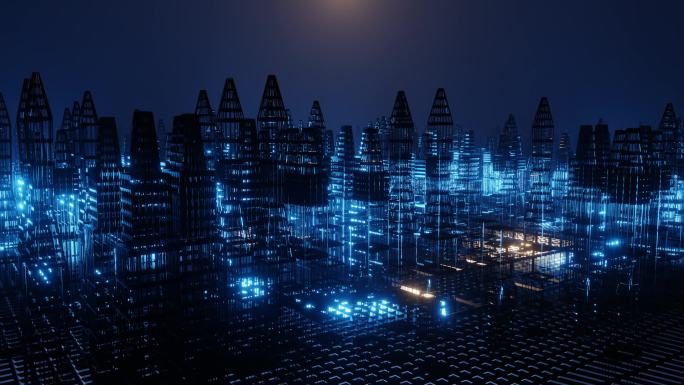  3D动画。全息现代城市运动图解,未来主义技术数字城市设计.人工智能和智能城市的概念。网络空间。赛博