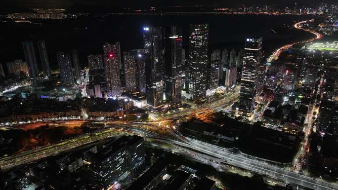 深圳福田区中洲湾建筑群夜景航拍