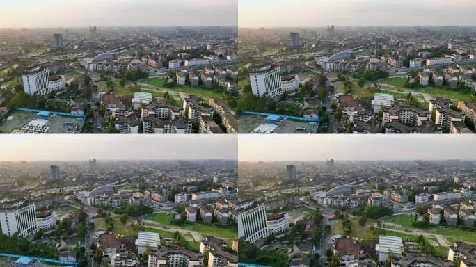 航拍清晨四川成都都江堰岷江城市风光