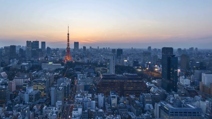 东京天际线与东京塔楼的日出场景，夜以继日，时光流逝 。放大点