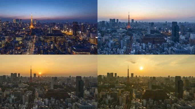 东京天际线与东京塔楼的日出场景，夜以继日，时光流逝 。放大点