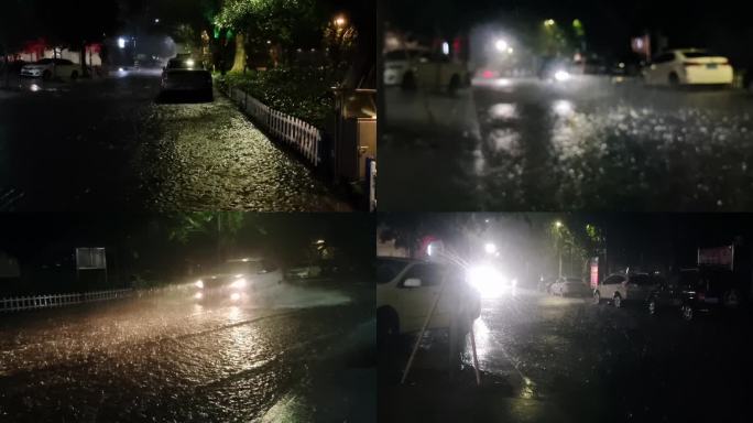 特大暴雨洪涝灾害低洼地段汽车开过积水路面