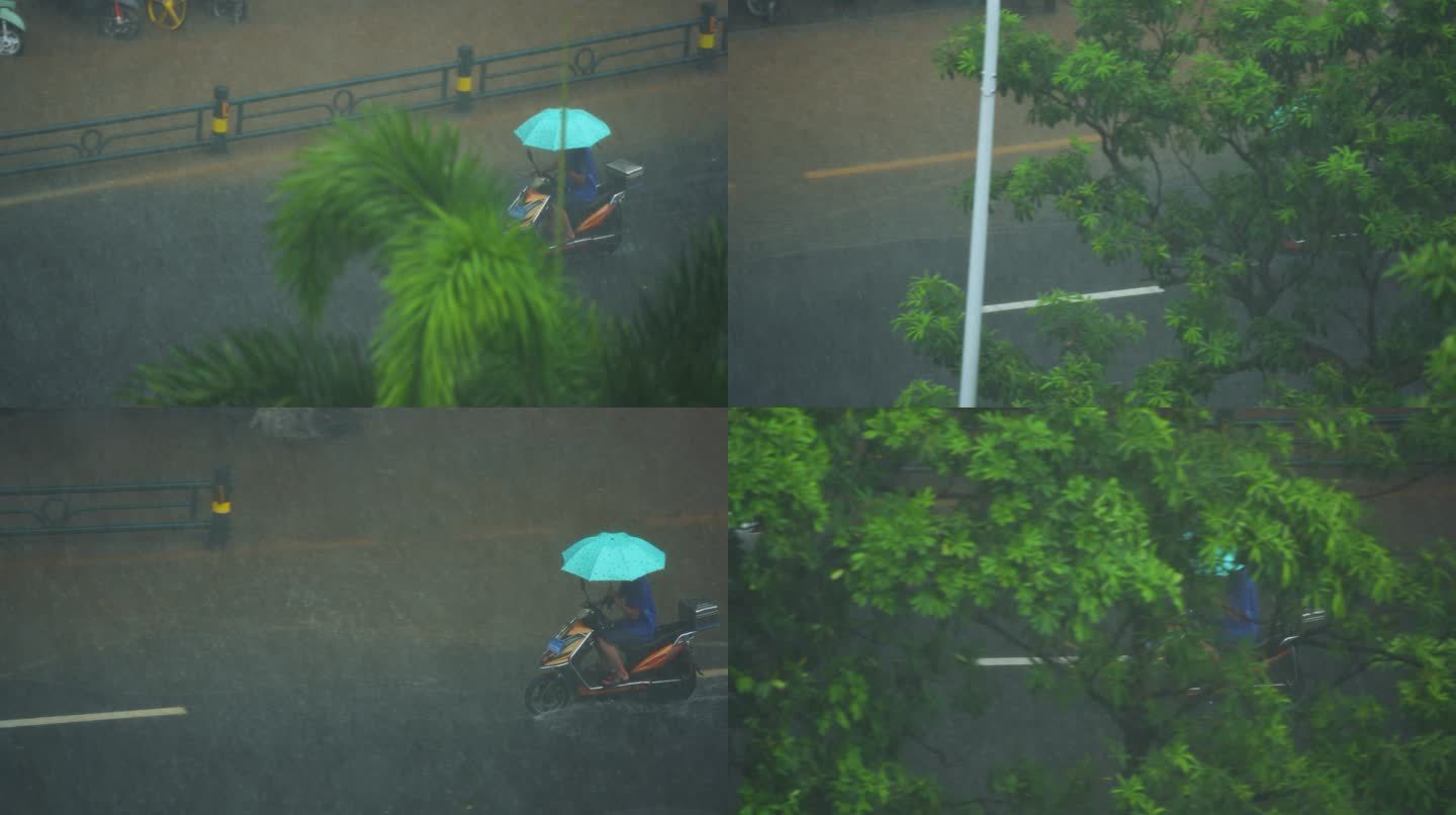 暴雨中打伞骑行
