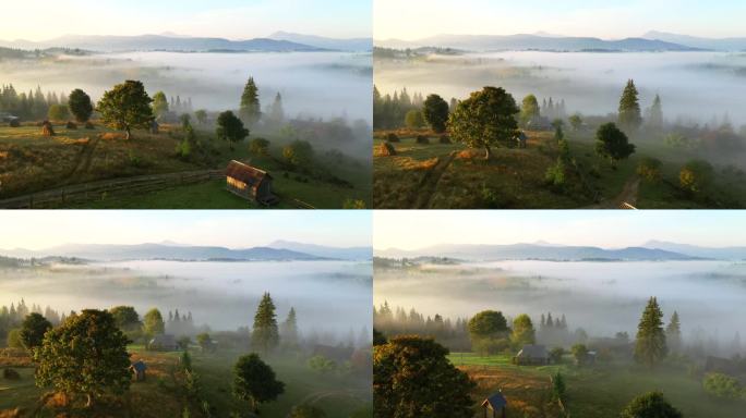 无人机在布满晨雾的山村上空飞行。地点：乌克兰喀尔巴阡山脉，欧洲。电影空中拍摄。发现地球的美丽。以，无