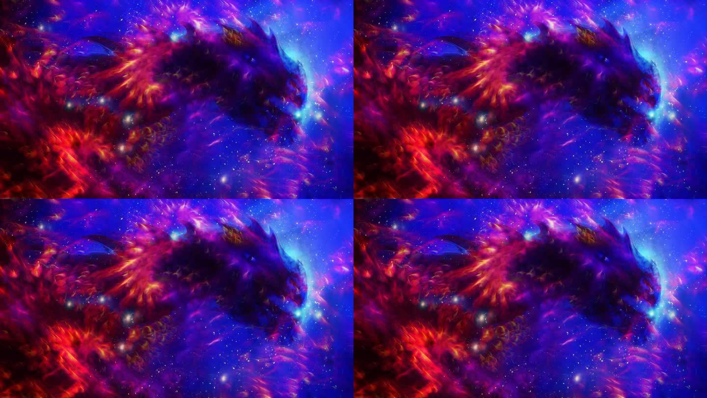 宇宙龙在空间和恒星，蓝色和红色的宇宙抽象背景。火力效果