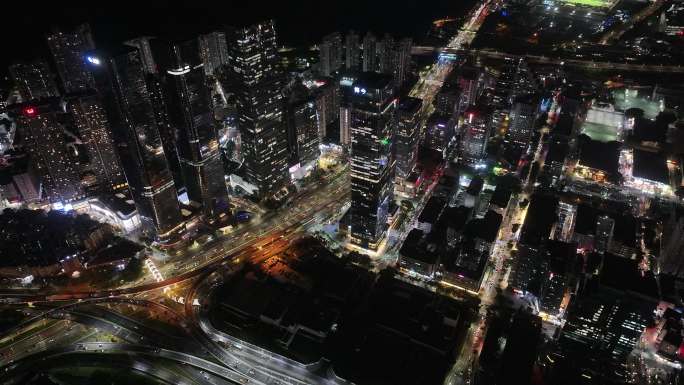 深圳福田区中洲湾建筑群夜景航拍