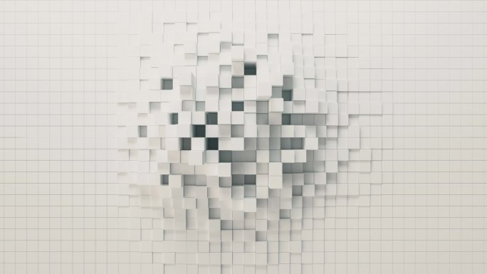 抽象的波浪背景与移动的白色立方体。带有随机框或列的几何概念。运动设计模板。无缝圈3d渲染。技术构成。