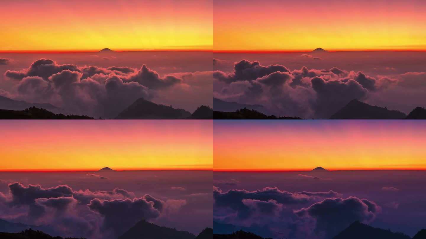 日落在山和云彩之下在火山贡的背景在巴厘岛, 印度尼西亚