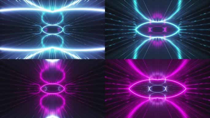 抽象霓虹灯背景。3d 渲染霓虹灯紫外线螺旋沿金属走廊扩散。催眠螺旋，蓝色红色粉红色紫色光谱，无缝循环