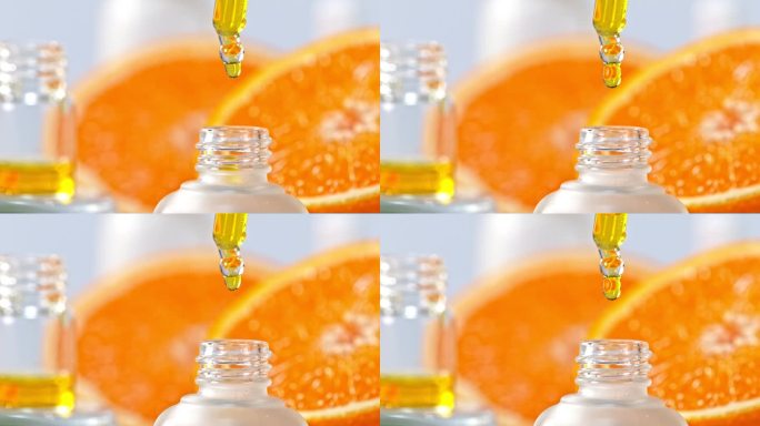 超级慢镜头的油橙精华从皮佩特下降到菲儿在1000fps。以解像度拍摄于高速电影摄影机上。