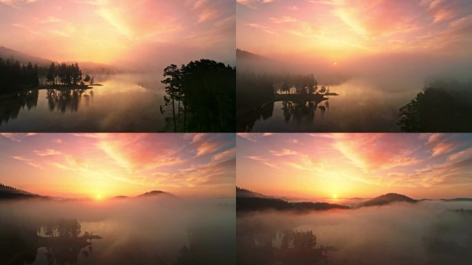 高山湖上的晨雾，日出鸟瞰