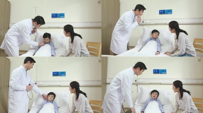 亚洲年轻男医生巡视医院病房，与病童和母亲进行检查和交谈