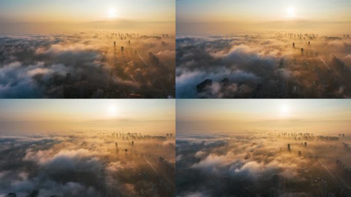 4K城市日出平流雾延时航拍