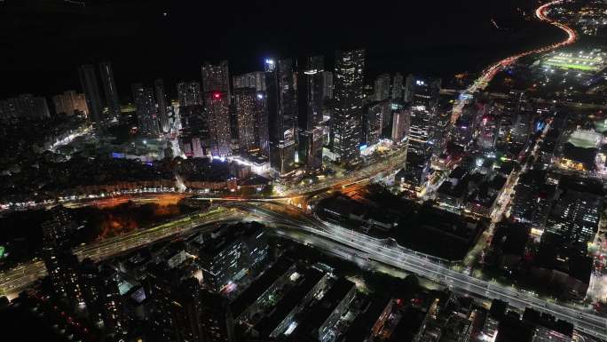 深圳福田区中洲湾建筑群夜景航拍