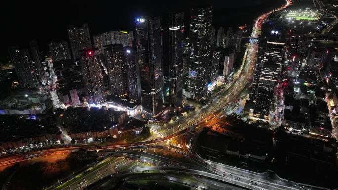 深圳福田区中洲湾建筑群夜景航拍